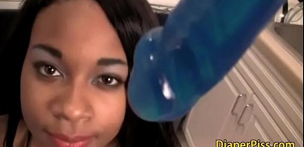 sub black teen girl deep throats dildo while in piss training session